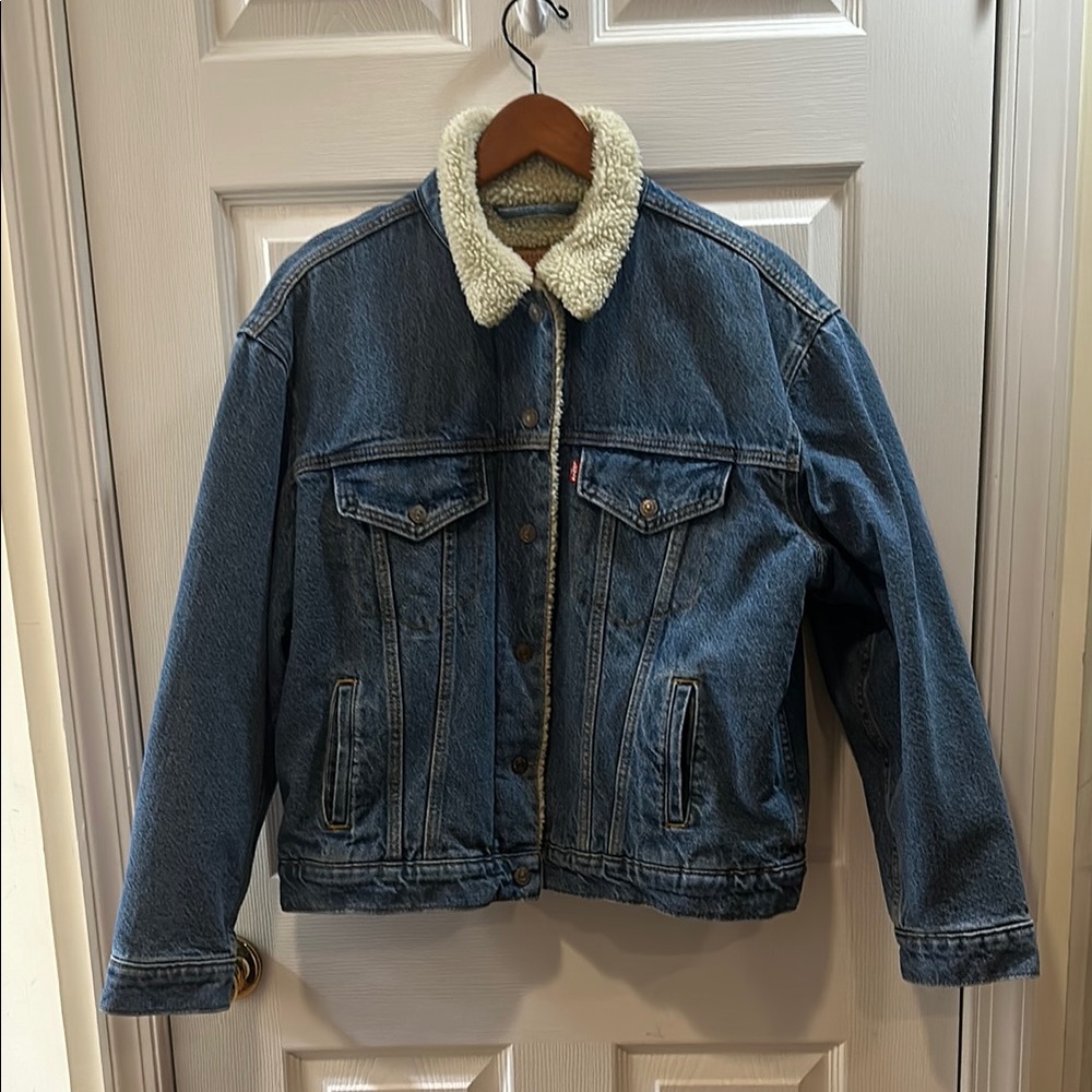 Levi Blue Denim Trucker Jacket with Faux Sherpa Collar